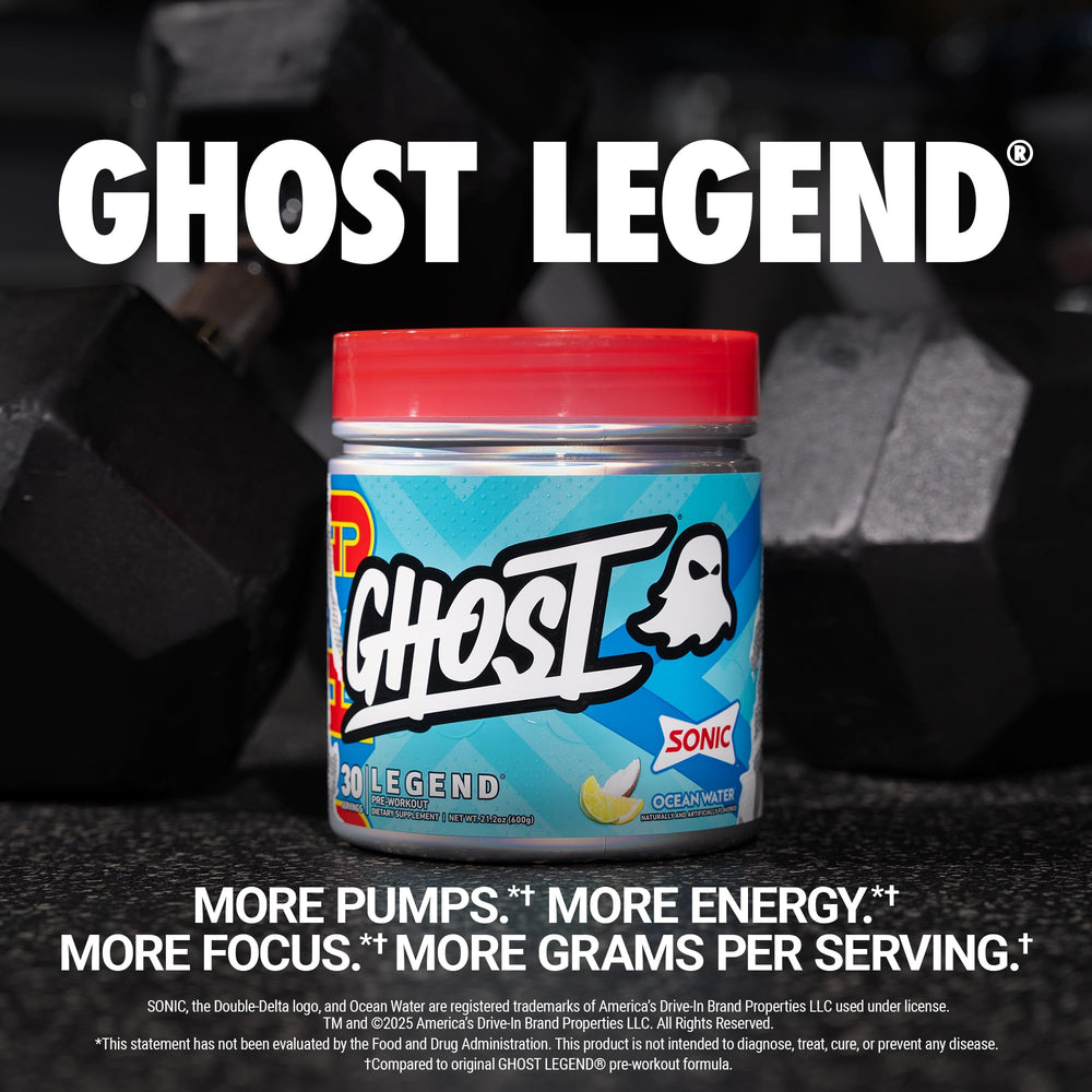 Close-up of GHOST Legend powder scoop showing smooth pre-workout texture.