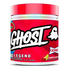 GHOST Legend powder tub front with Sonic Cherry Limeade label for clean energy boost
