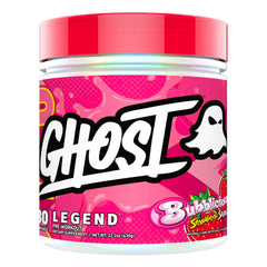 GHOST Legend pre-workout tub with Bubblicious Strawberry Splash flavor ready for workouts.