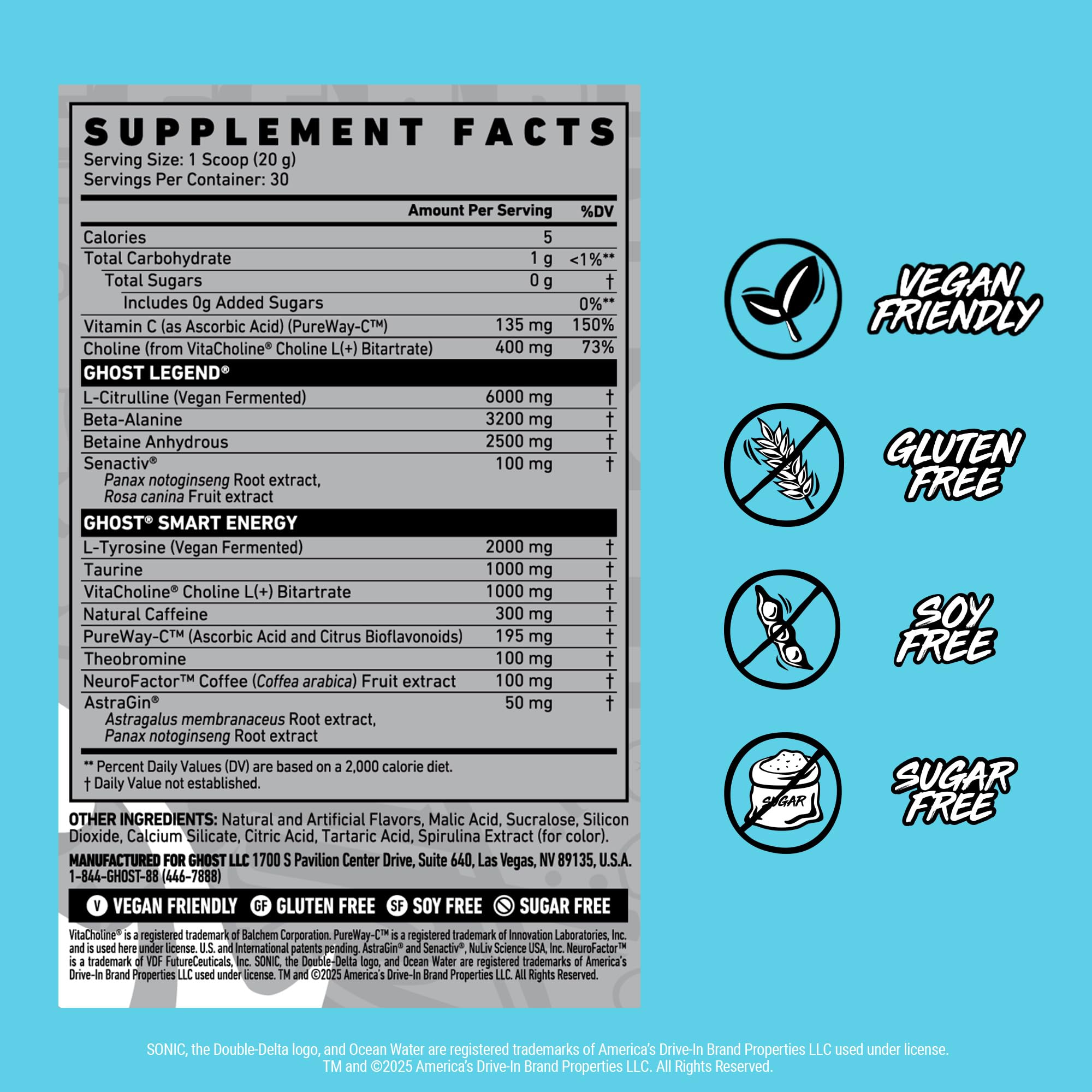 Serving scoop beside glass of mixed GHOST Legend pre-workout.