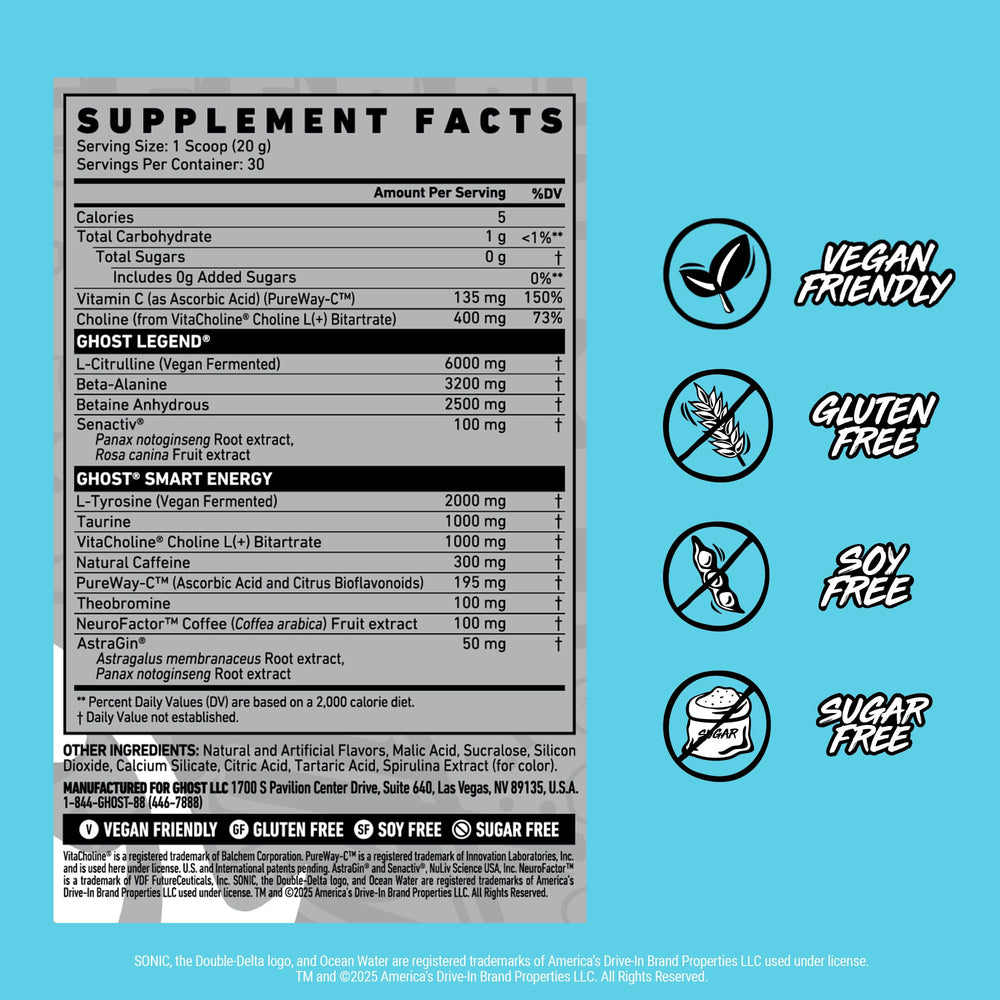 Serving scoop beside glass of mixed GHOST Legend pre-workout.