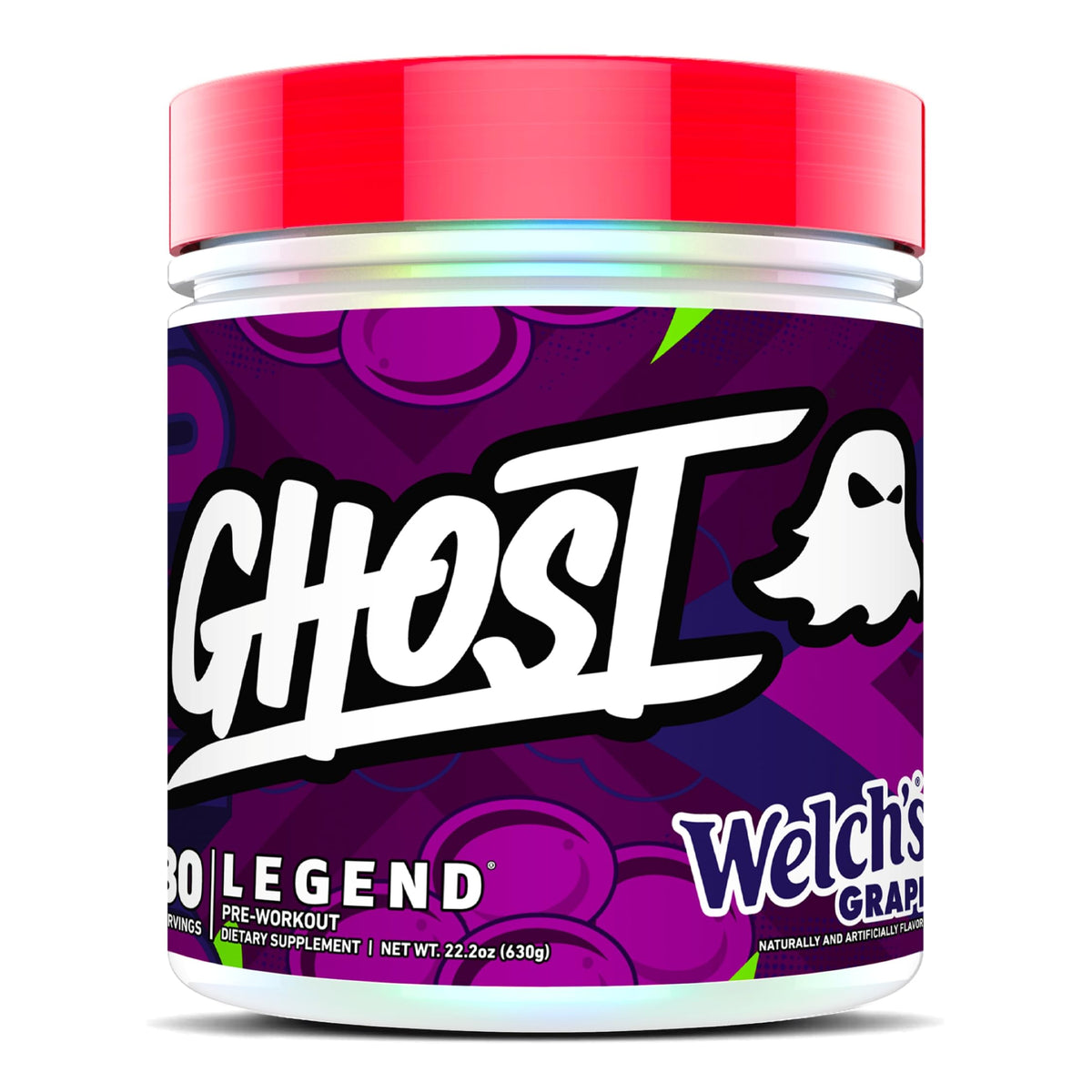 Ghost Legend pre-workout powder bottle with a transparent vegan-friendly label.