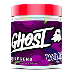 Ghost Legend pre-workout powder bottle with a transparent vegan-friendly label.