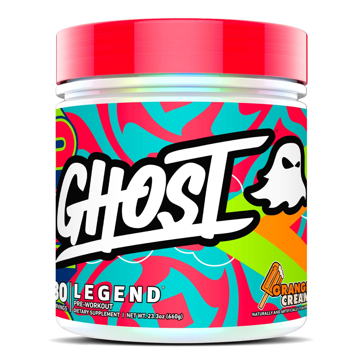 Ghost Legend pre-workout tub in Orange Cream boosts energy for training sessions.