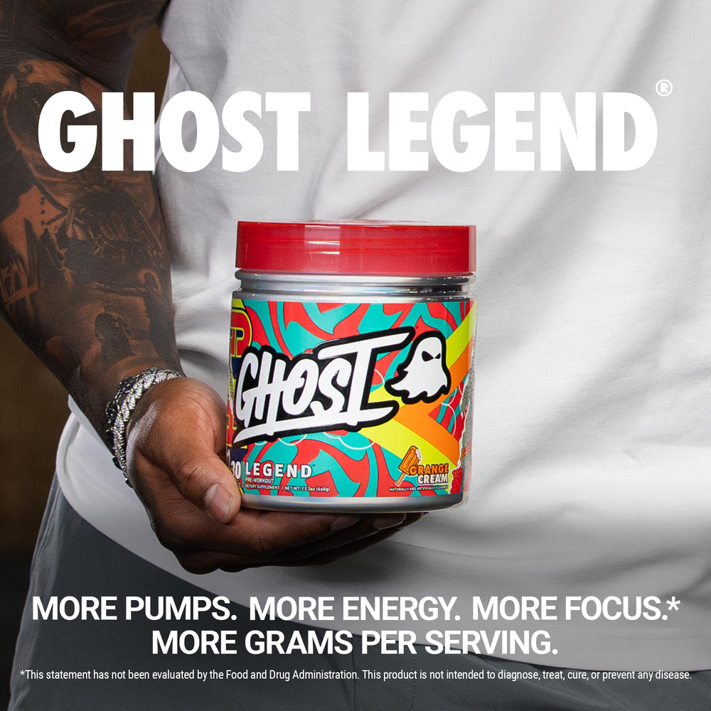 Ghost Legend scoop with orange cream powder ready to mix for workouts.
