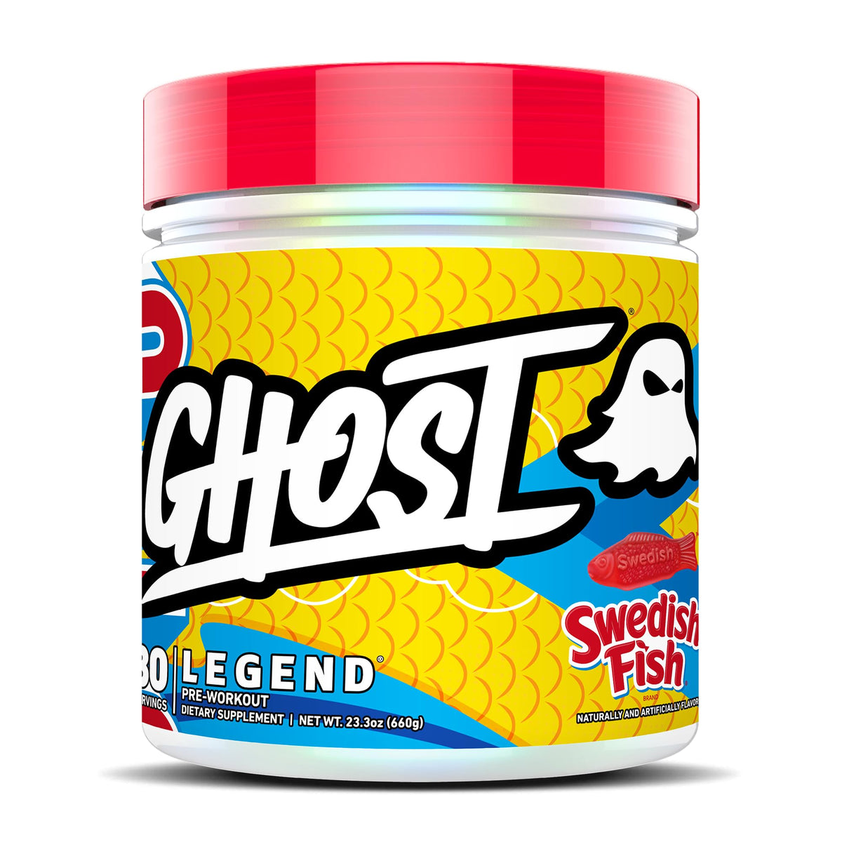 Ghost Legend Swedish Fish label close-up showing vegan-friendly formula for clean energy.
