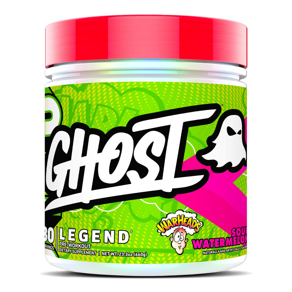 GHOST Legend Warheads Sour Watermelon pre-workout bottle showing energy-boosting design for workouts