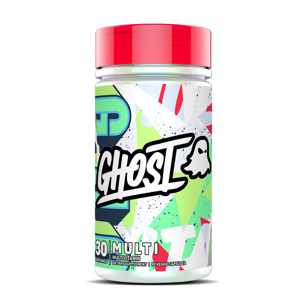 GHOST Multi bottle front highlighting vegan and gluten-free multivitamin for daily health support.