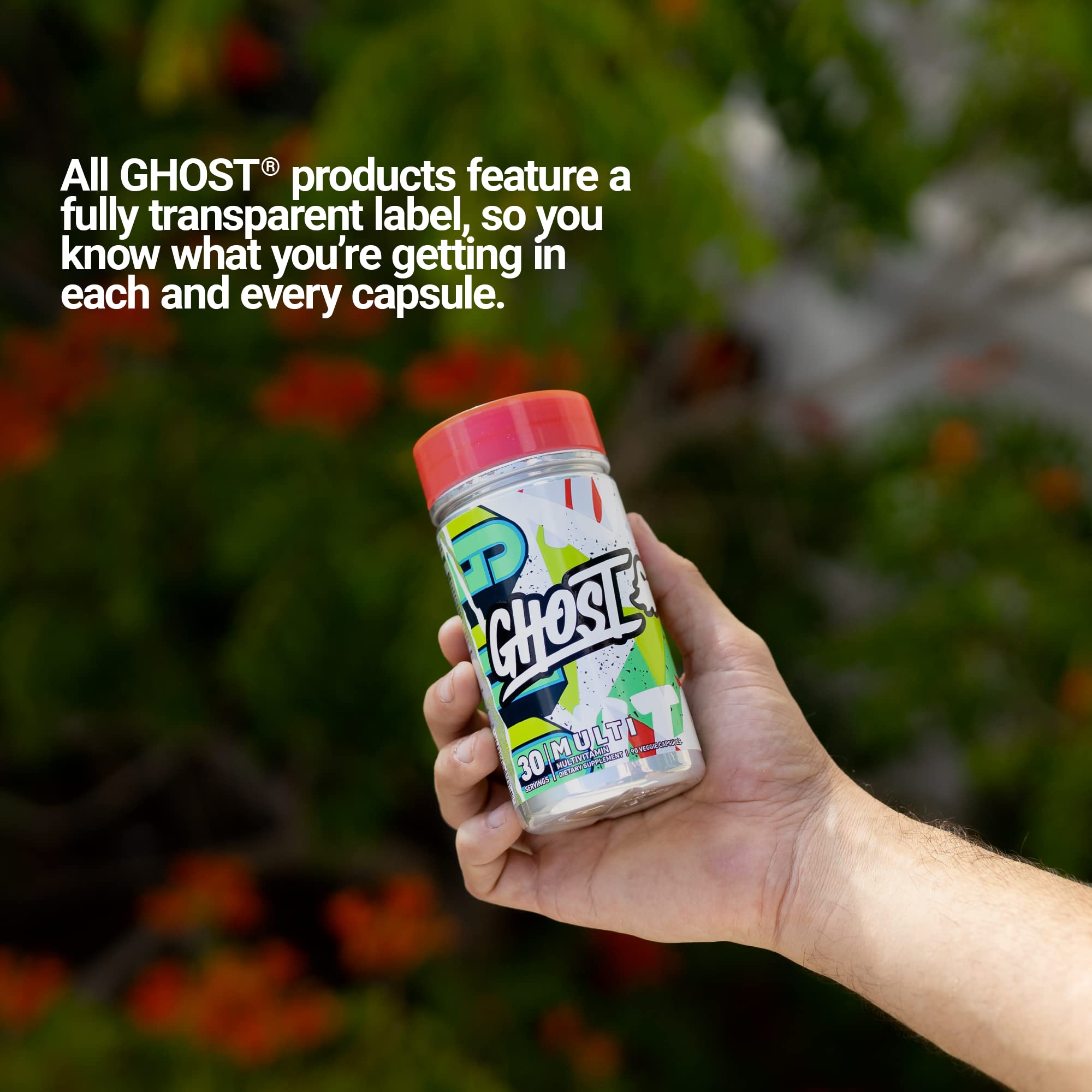 GHOST Multi boxed packaging emphasizing clean labeling and 90-capule supply.