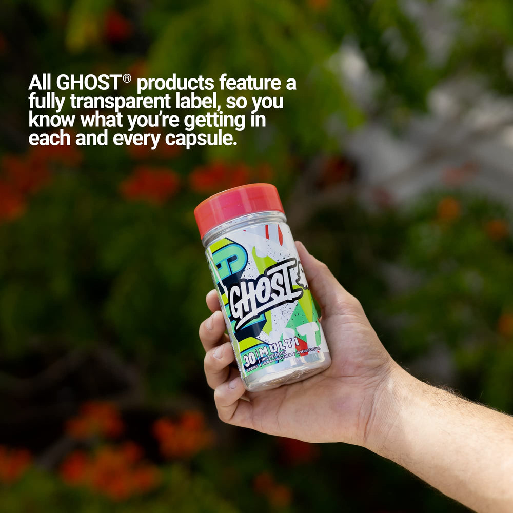 GHOST Multi boxed packaging emphasizing clean labeling and 90-capule supply.