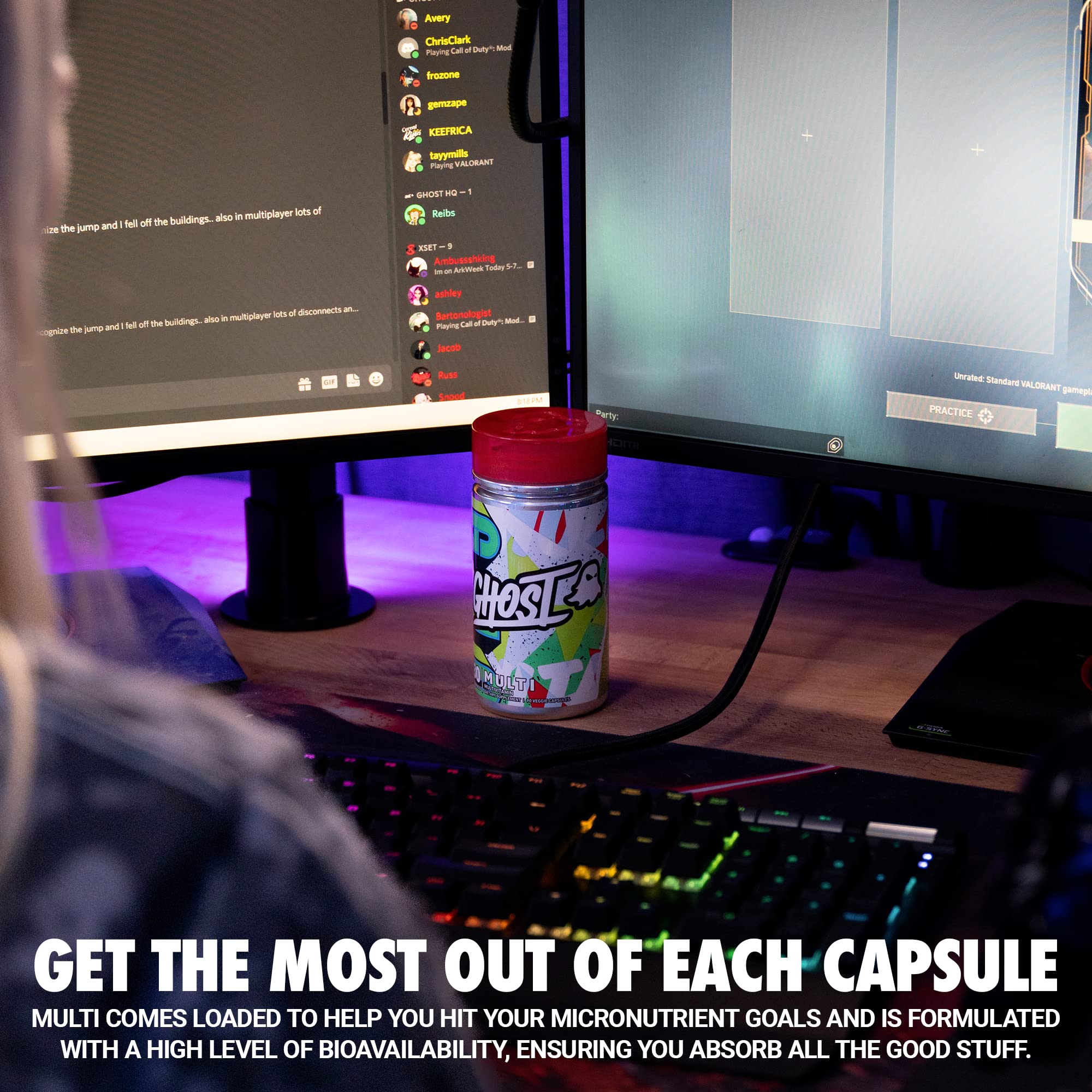 GHOST Multi capsules close-up revealing small vegan capsules with even texture.