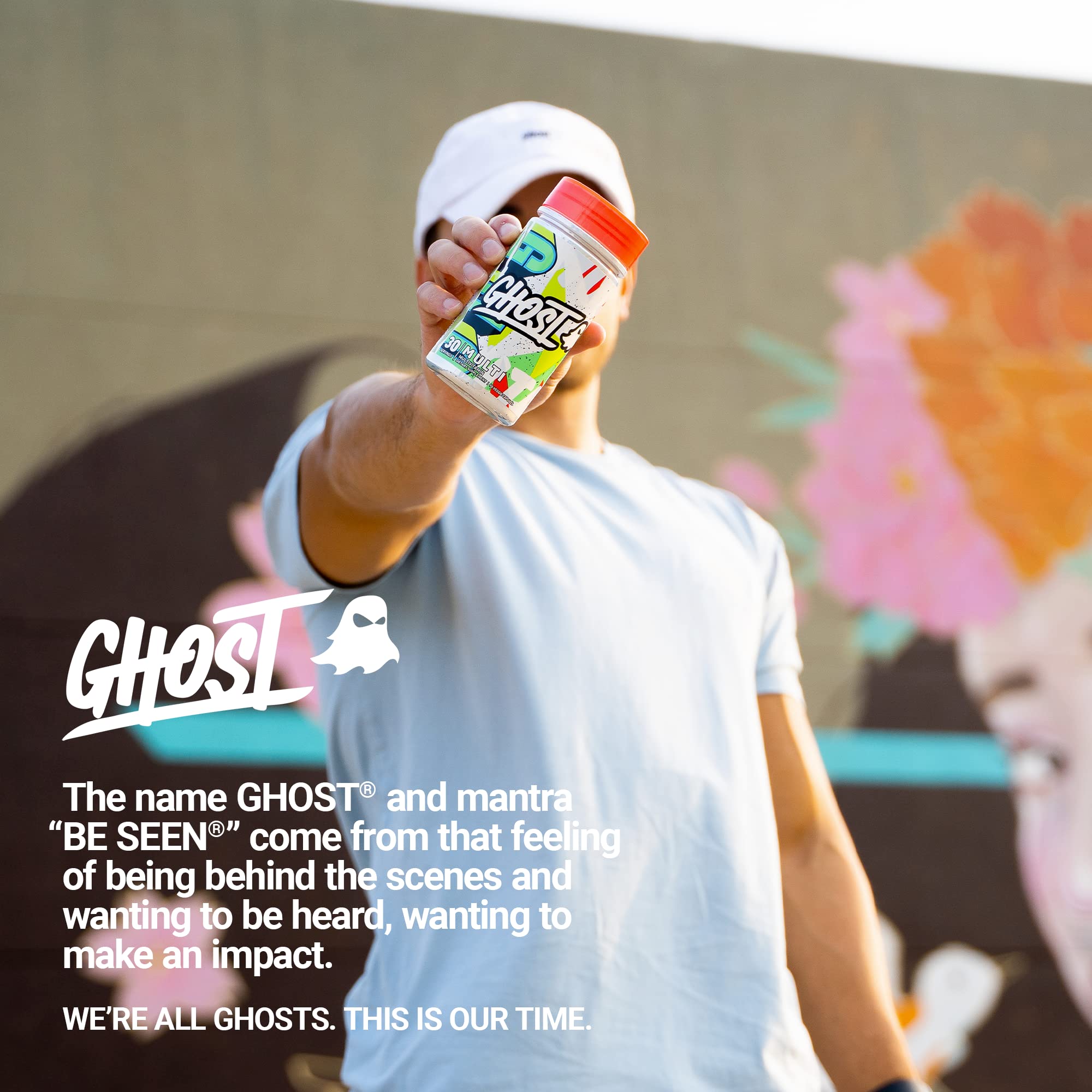 GHOST Multi iconography signaling vegan, gluten-free, and sugar-free attributes.