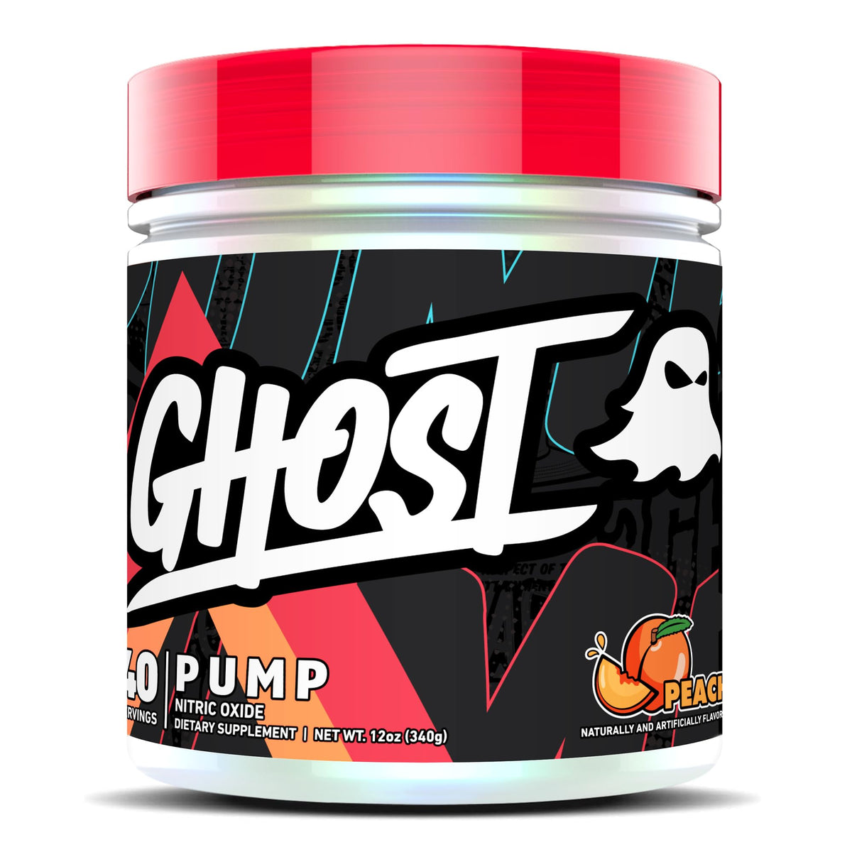 GHOST Pump Peach front view of the bottle showing stimulant-free pre-workout