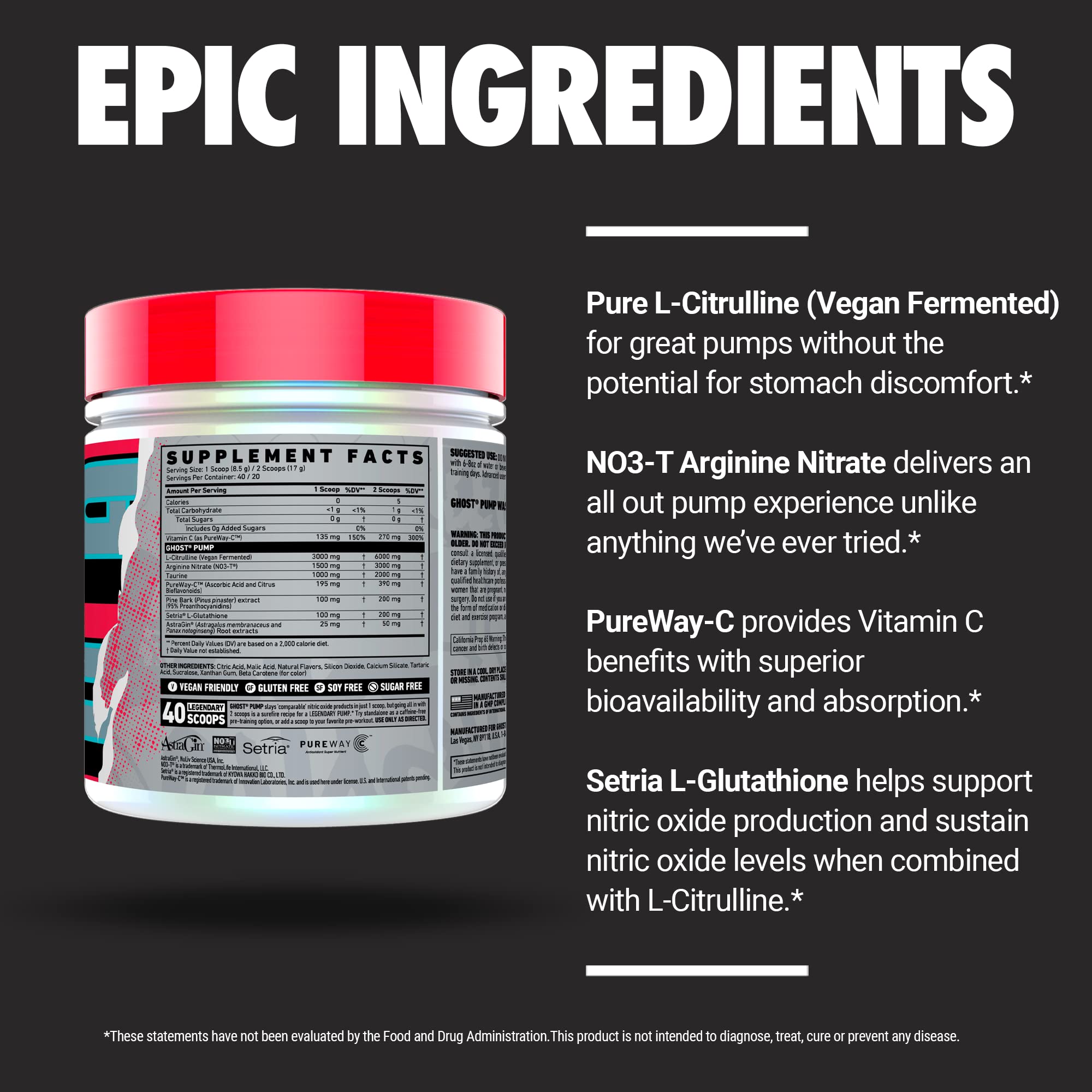 GHOST Pump peach ingredients panel showing vegan and sugar-free formula