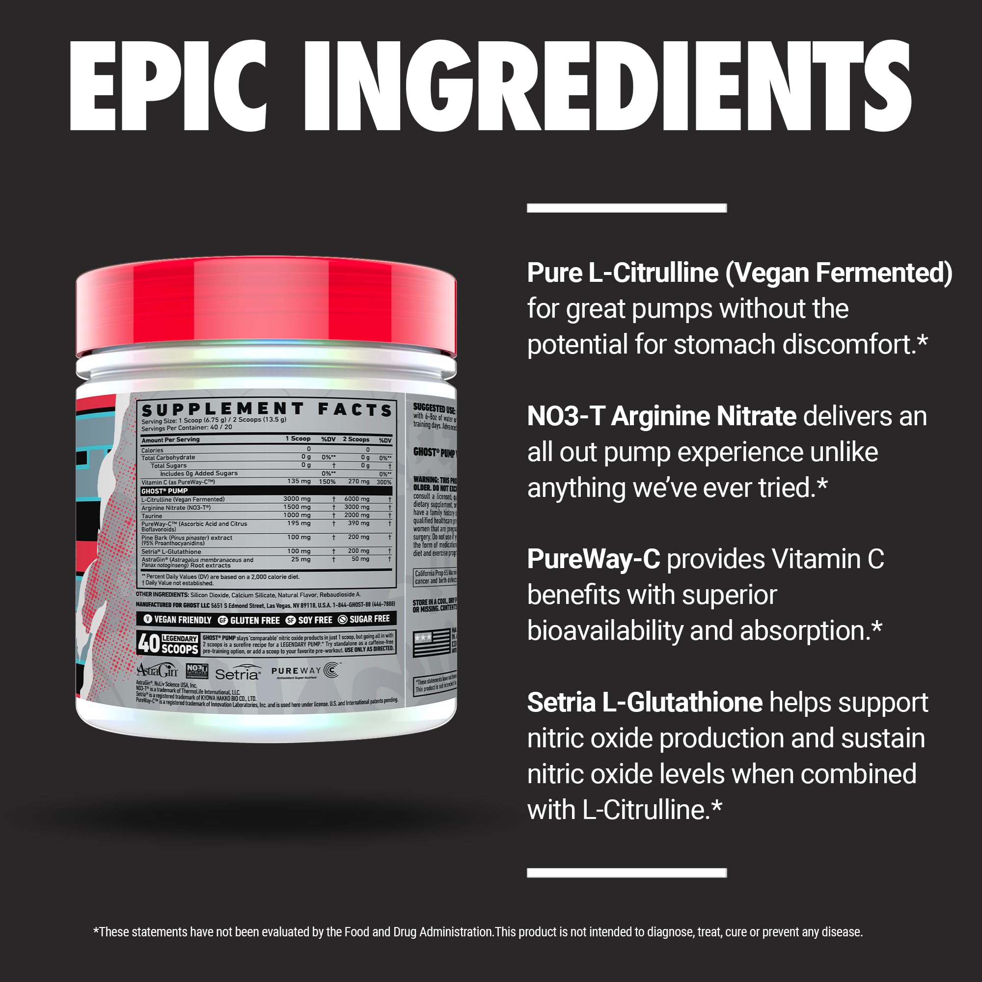 Vegan fermented L-Citrulline icon emphasizes vegan-friendly pump ingredients.