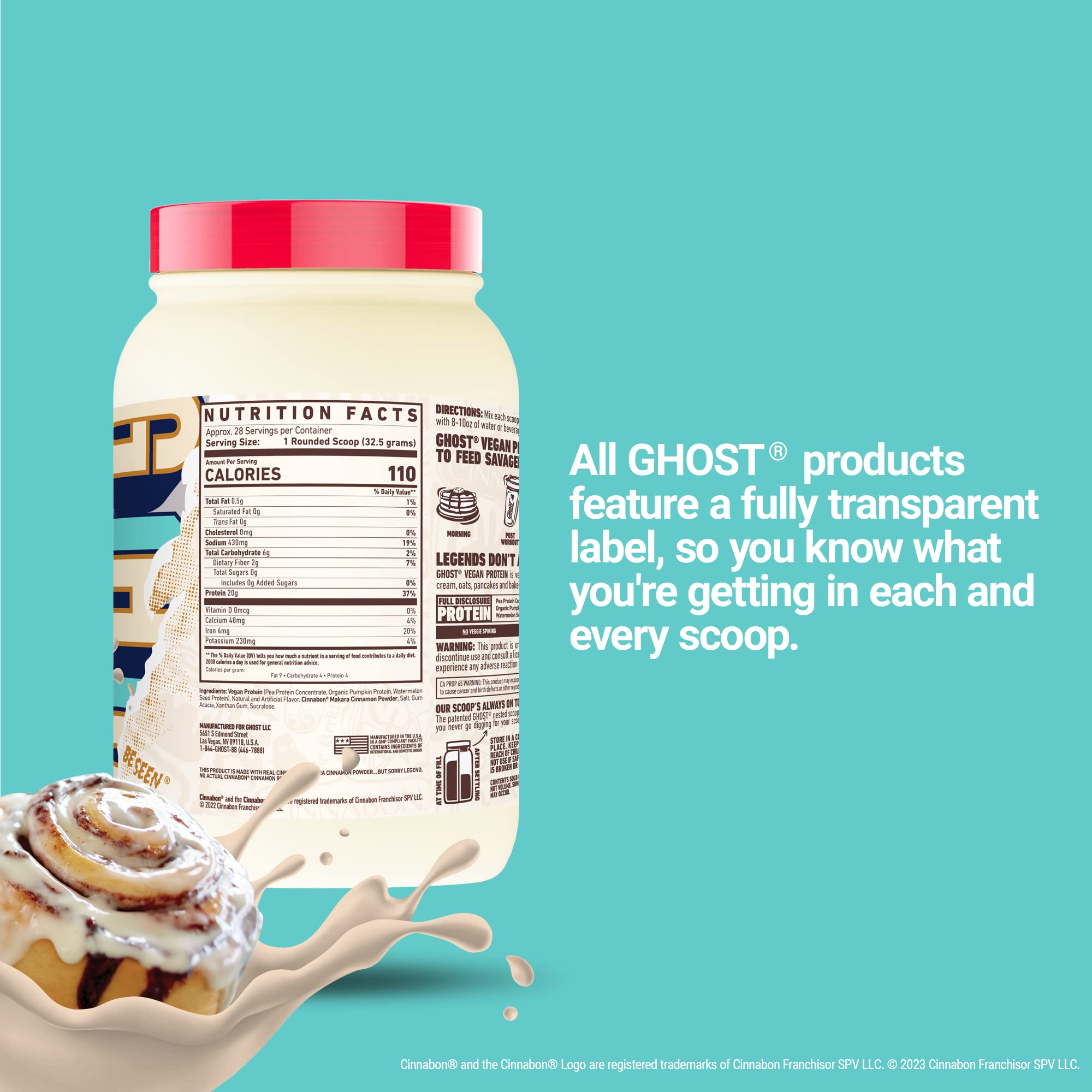 GHOST Vegan Cinabon ingredients close-up features pea and pumpkin protein for a plant-based blend.