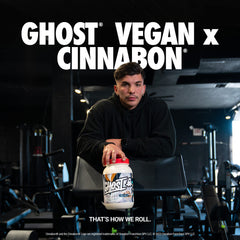 GHOST Vegan Cinabon label details highlight gluten-free and soy-free formulation for clean nutrition.