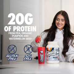 GHOST Vegan Cinabon scoop portion reveals 20g protein per serving for easy fueling.