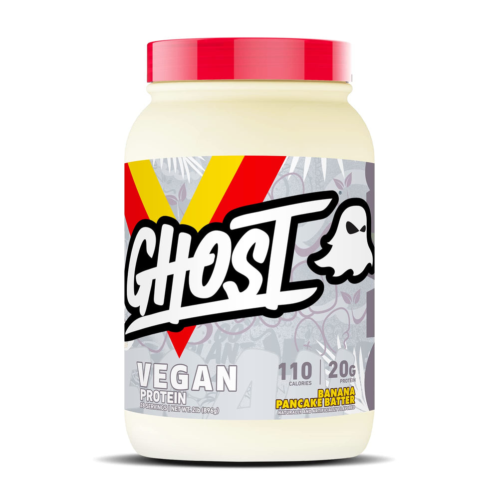 GHOST Vegan Protein Banana Pancake Batter tub with clear label and banana flavor.
