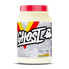 GHOST Vegan Protein Banana Pancake Batter tub with clear label and banana flavor.