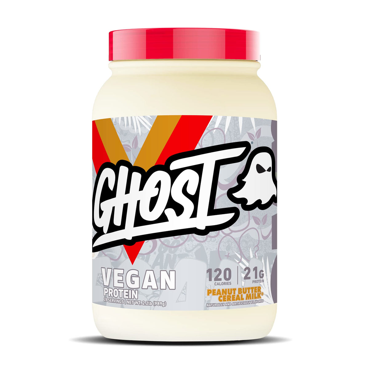 Ghost vegan protein powder bottle shows peanut butter cereal milk flavor for post-workout shakes
