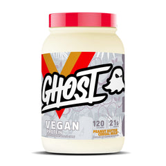 Ghost vegan protein powder bottle shows peanut butter cereal milk flavor for post-workout shakes