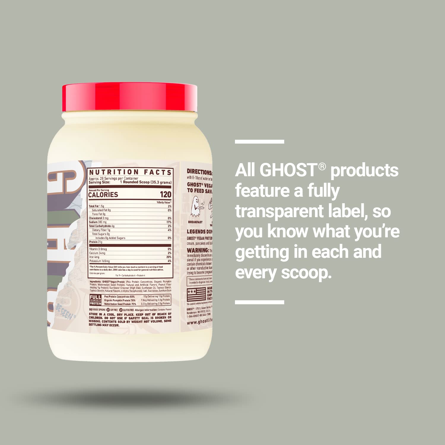 Ghost vegan protein powder powder-scoop measuring daily protein servings
