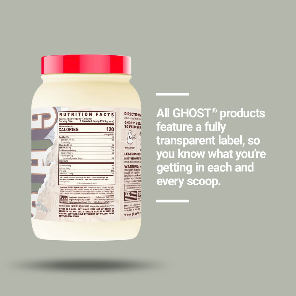 Ghost vegan protein powder powder-scoop measuring daily protein servings
