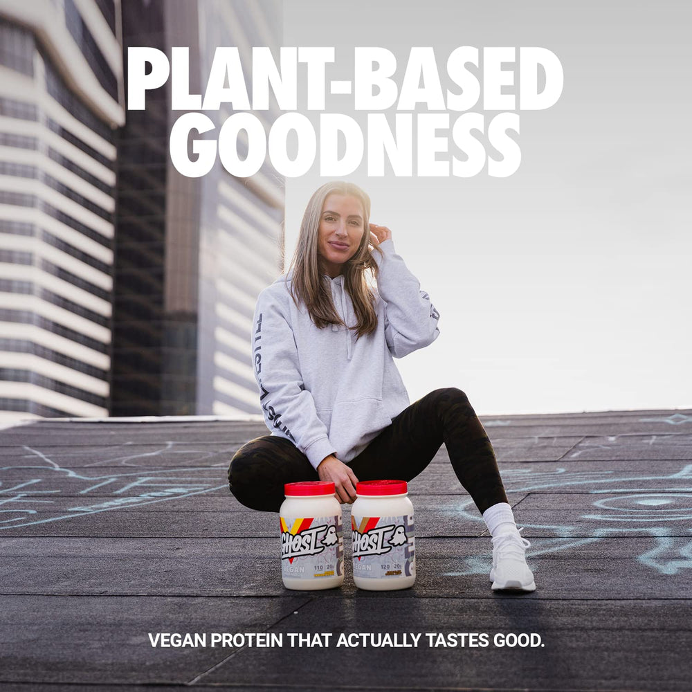 GHOST vegan protein powder scoop shows 20g protein per serving.
