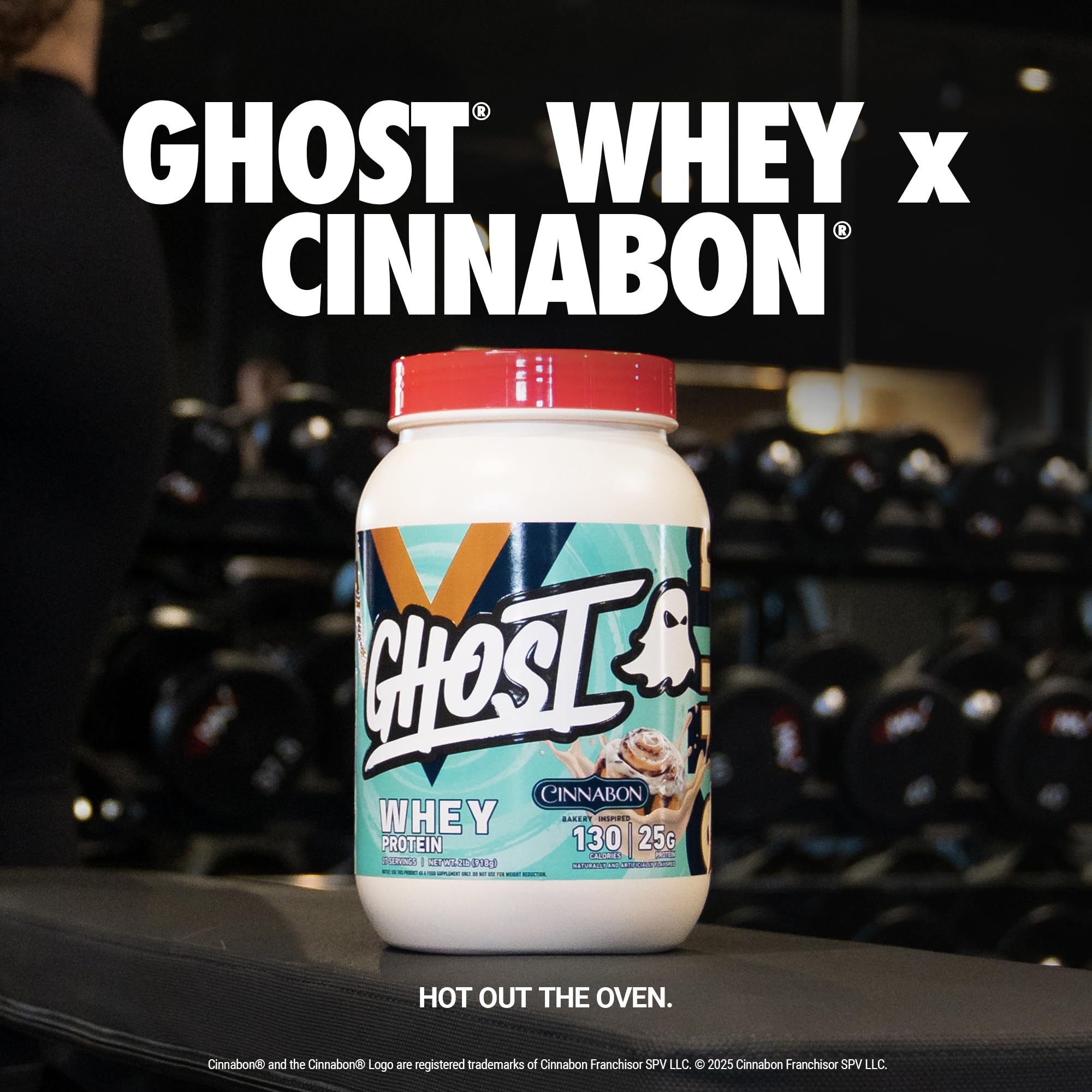 GHOST Whey Cinnabon tub nutrition panel shows transparent breakdown