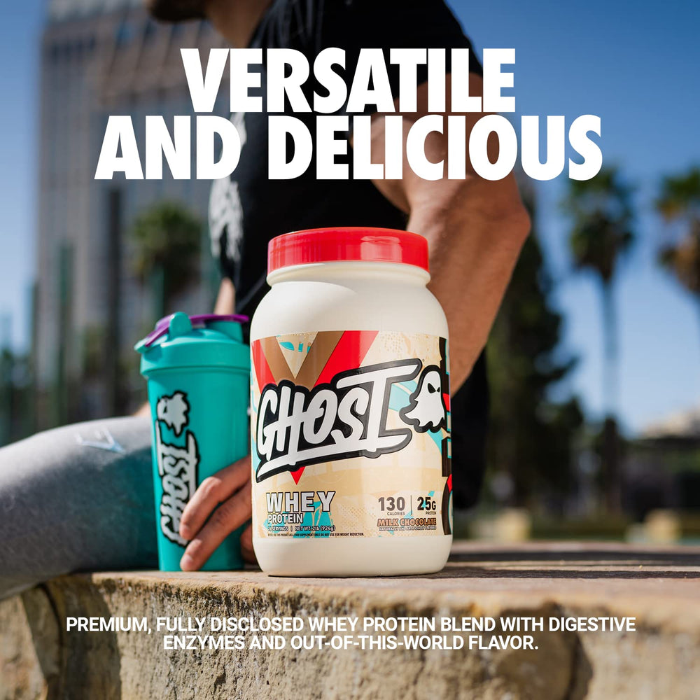 Glass of Ghost Whey Milk Chocolate shake showing creamy texture.