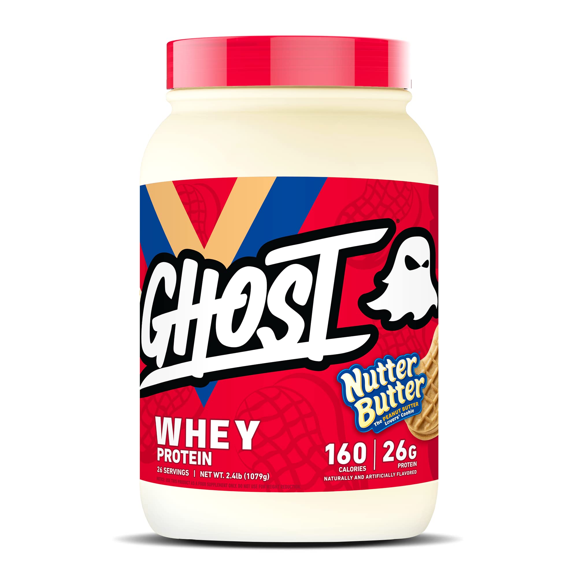 GHOST Whey Nutter Butter bottle showing 26g protein per scoop for post-workout shakes.