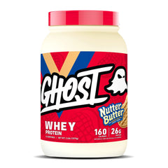 GHOST Whey Nutter Butter bottle showing 26g protein per scoop for post-workout shakes.