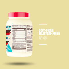 GHOST Whey Peanut Butter Cereal Milk bottle highlighting gluten-free and soy-free ingredients