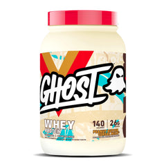 GHOST Whey Peanut Butter Cereal Milk tub with transparent label and full protein details