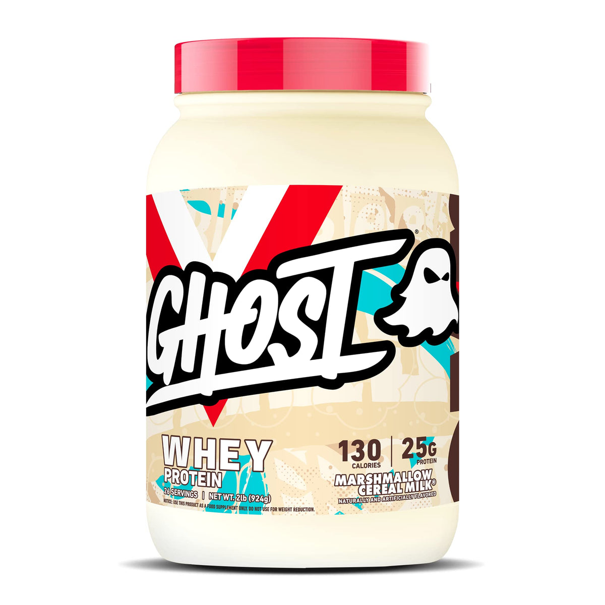 GHOST Whey Marshmallow Cereal Milk tub shows transparent label and 25g protein per scoop for shakes.