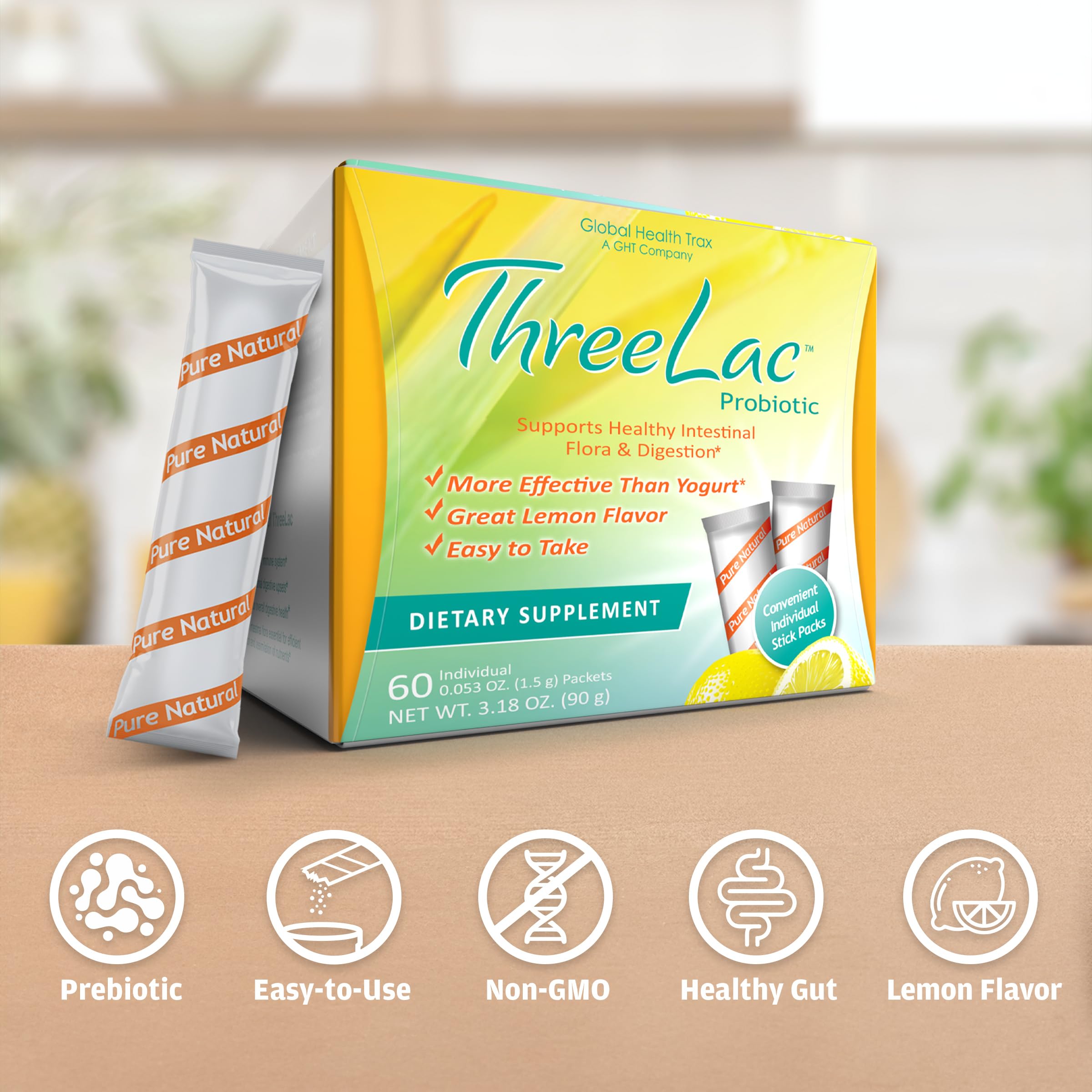 Close-up of ThreeLac lemon probiotic drink with fresh lemon zest for a refreshing flavor.
