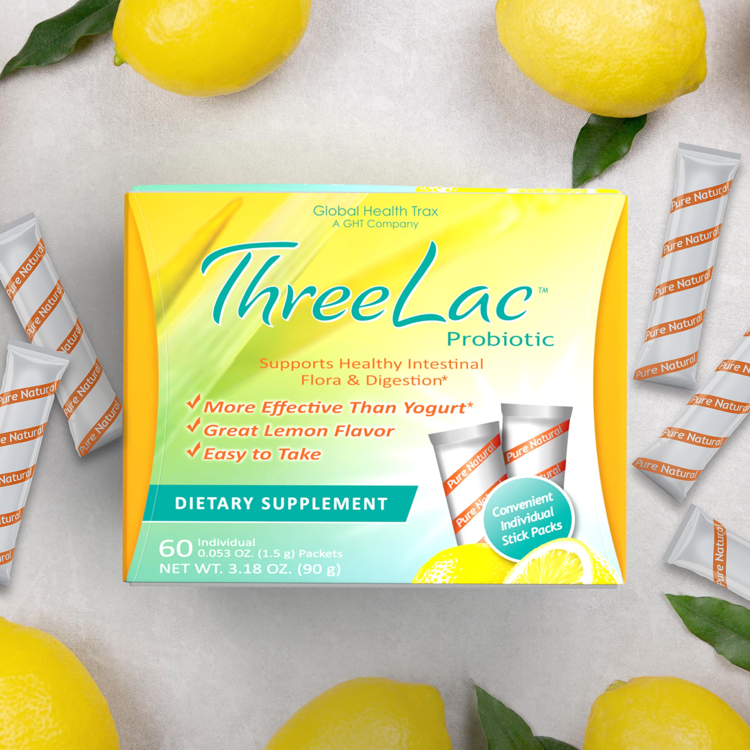 ThreeLac lemon powder dissolving in water for easy daily consumption.