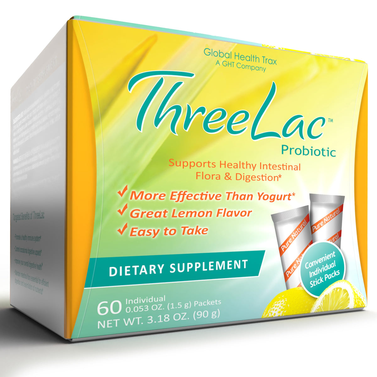 Global Health Trax ThreeLac lemon probiotic drink packet ready to mix for digestive support.