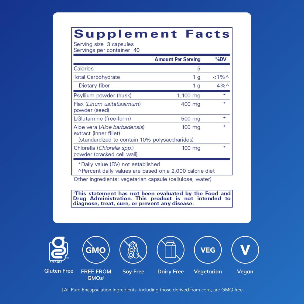 Close view of GI Fortify capsules with label emphasizing fiber blend for regularity.