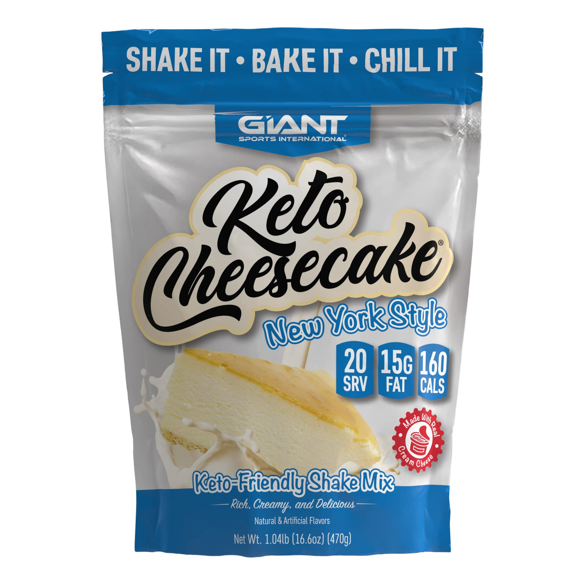 Giant Sports Keto Cheesecake Shake Mix served with almond milk for a creamy low-carb treat