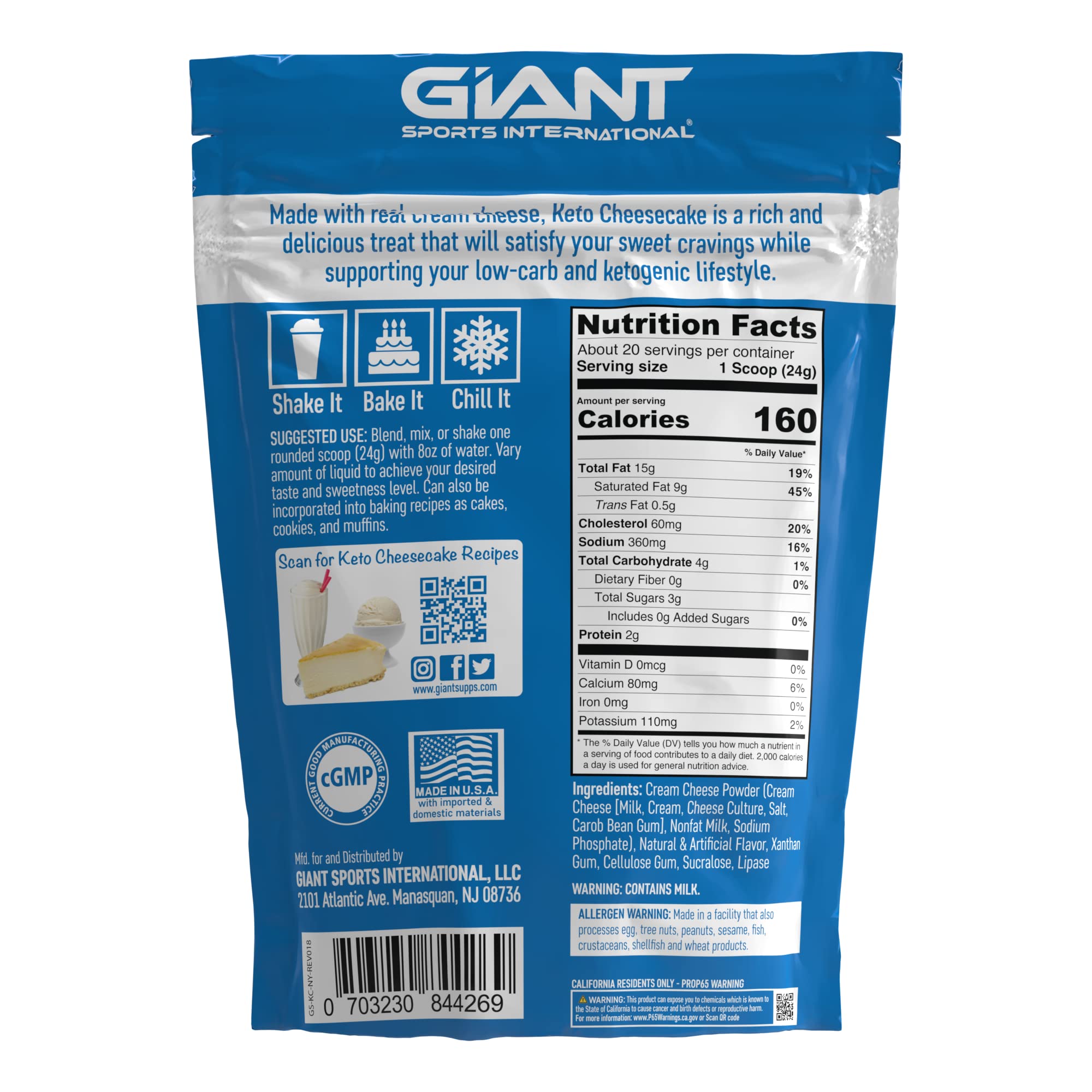 Giant Sports Keto Cheesecake Shake Mix blended with ice for a smooth smoothie texture