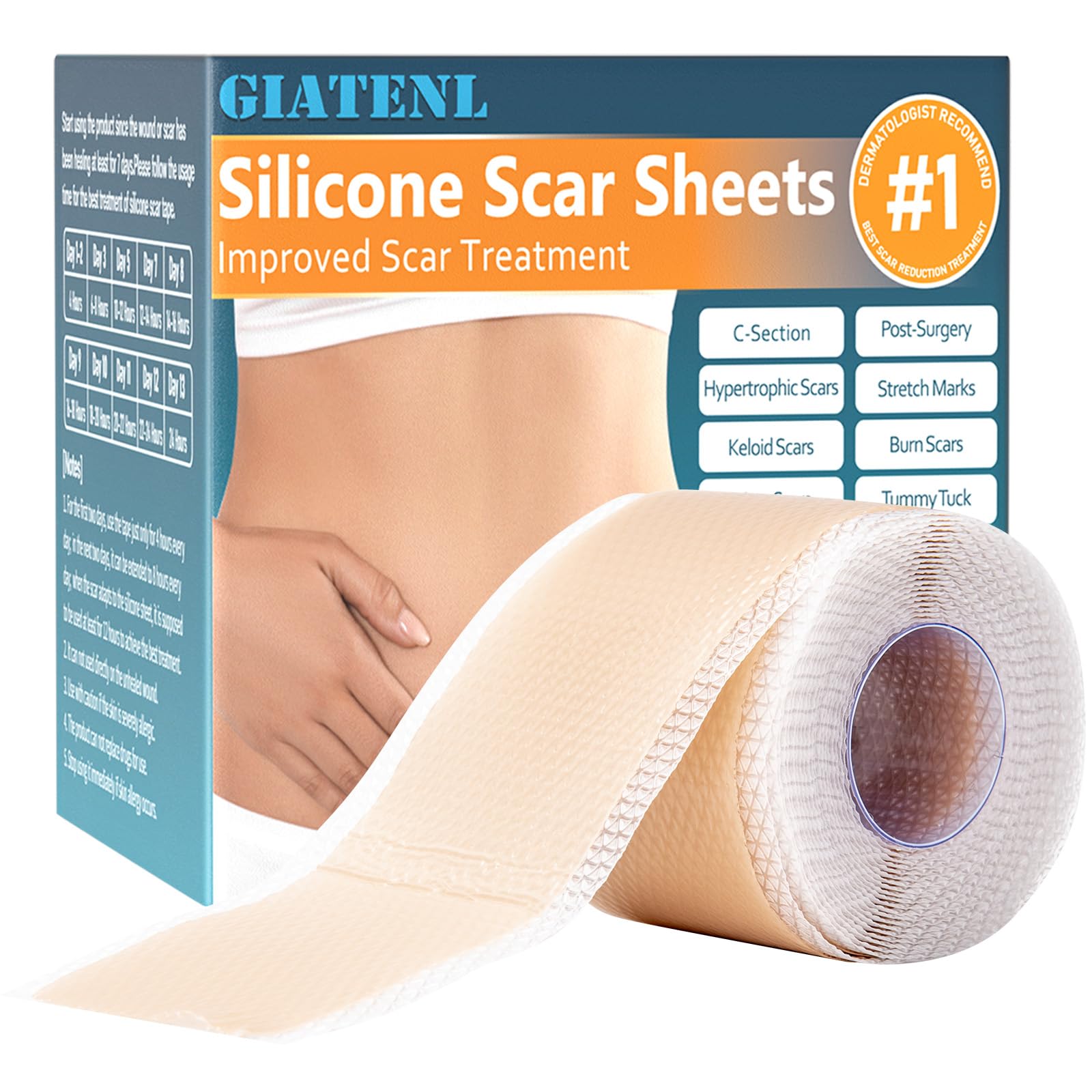 GIATENL silicone scar sheets roll packaging for easy at-home scar care.