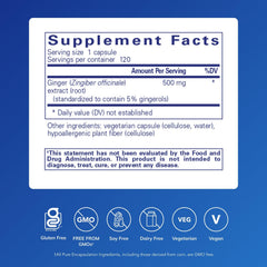 Pure Encapsulations Ginger Extract capsules close-up for digestion and heart health.