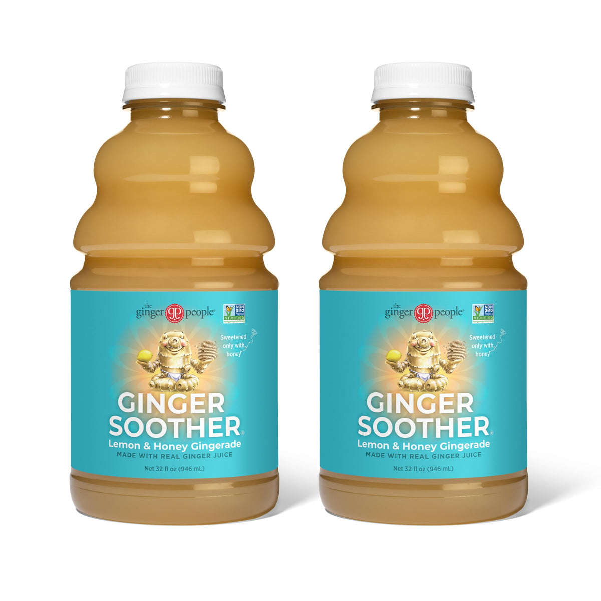 The Ginger People Gingerade bottle front view shows a lemon-ginger, honey-sweetened refreshment.