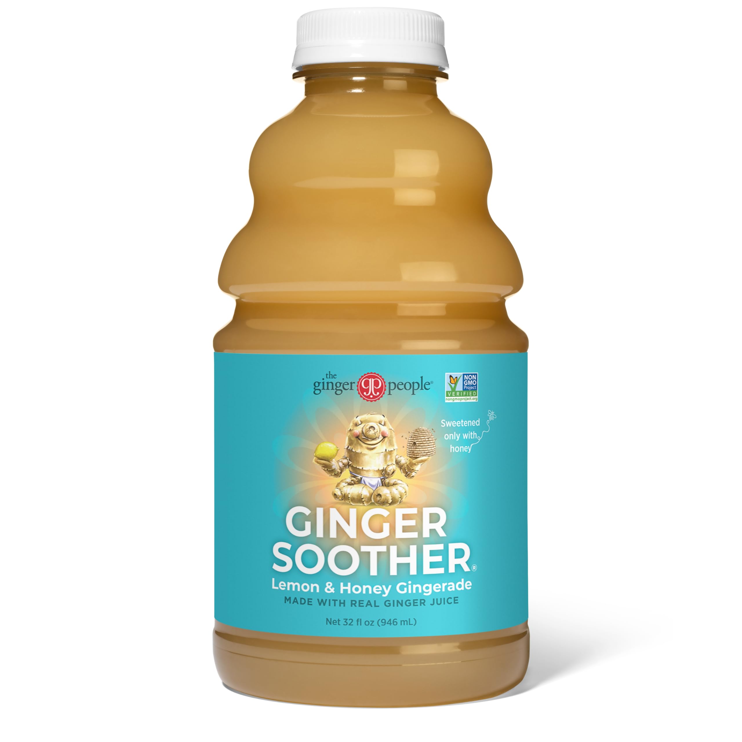 The Ginger People Gingerade bottle side view emphasizes 32 oz size and recyclable packaging.