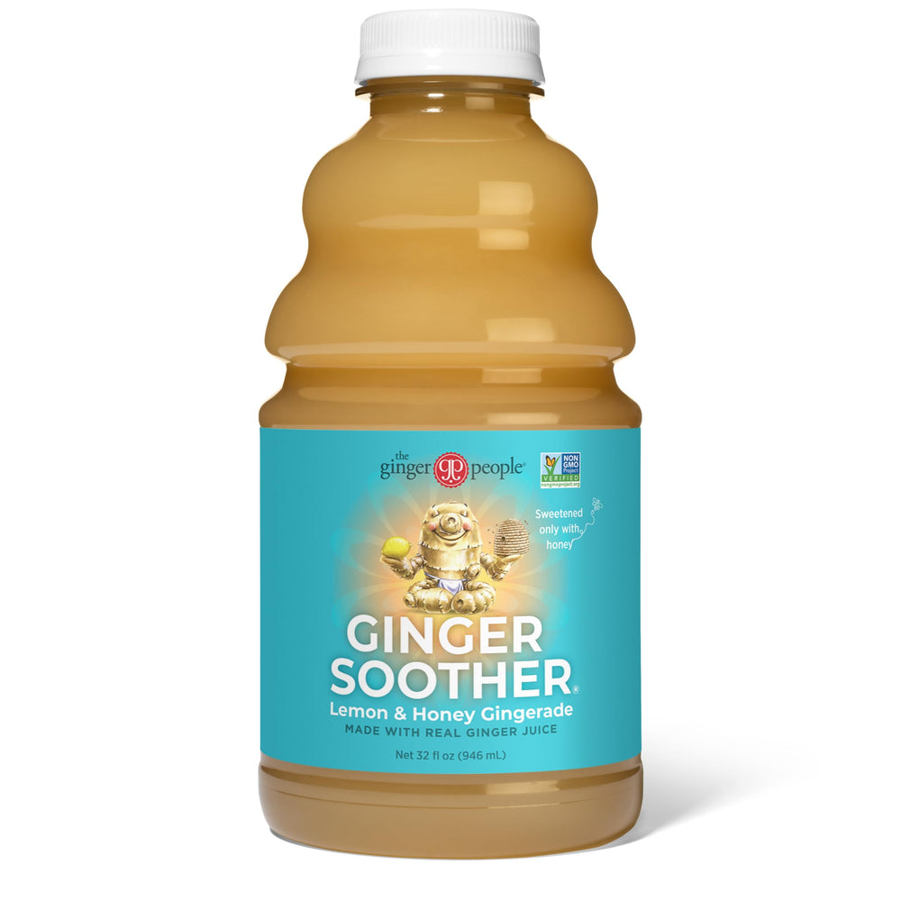 The Ginger People Gingerade bottle side view emphasizes 32 oz size and recyclable packaging.