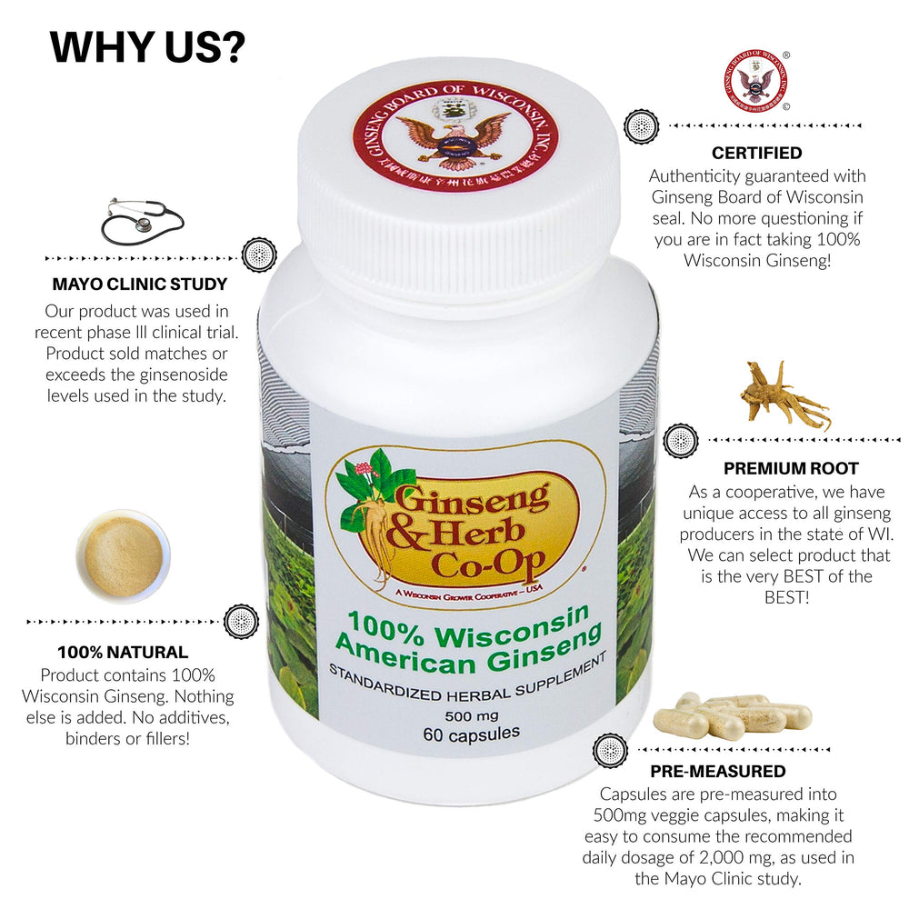 Ginseng and Herb Co-Op authentic Panax quinquefolius dried root display suggests quality and purity