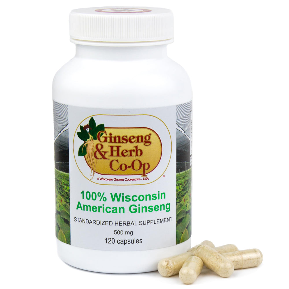 Ginseng & Herb Co-Op bottle front—Wisconsin ginseng capsules for daily energy support