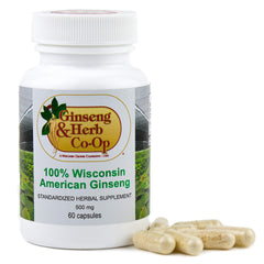 Ginseng and Herb Co-Op capsule close-up shows pure 500mg dose for daily use